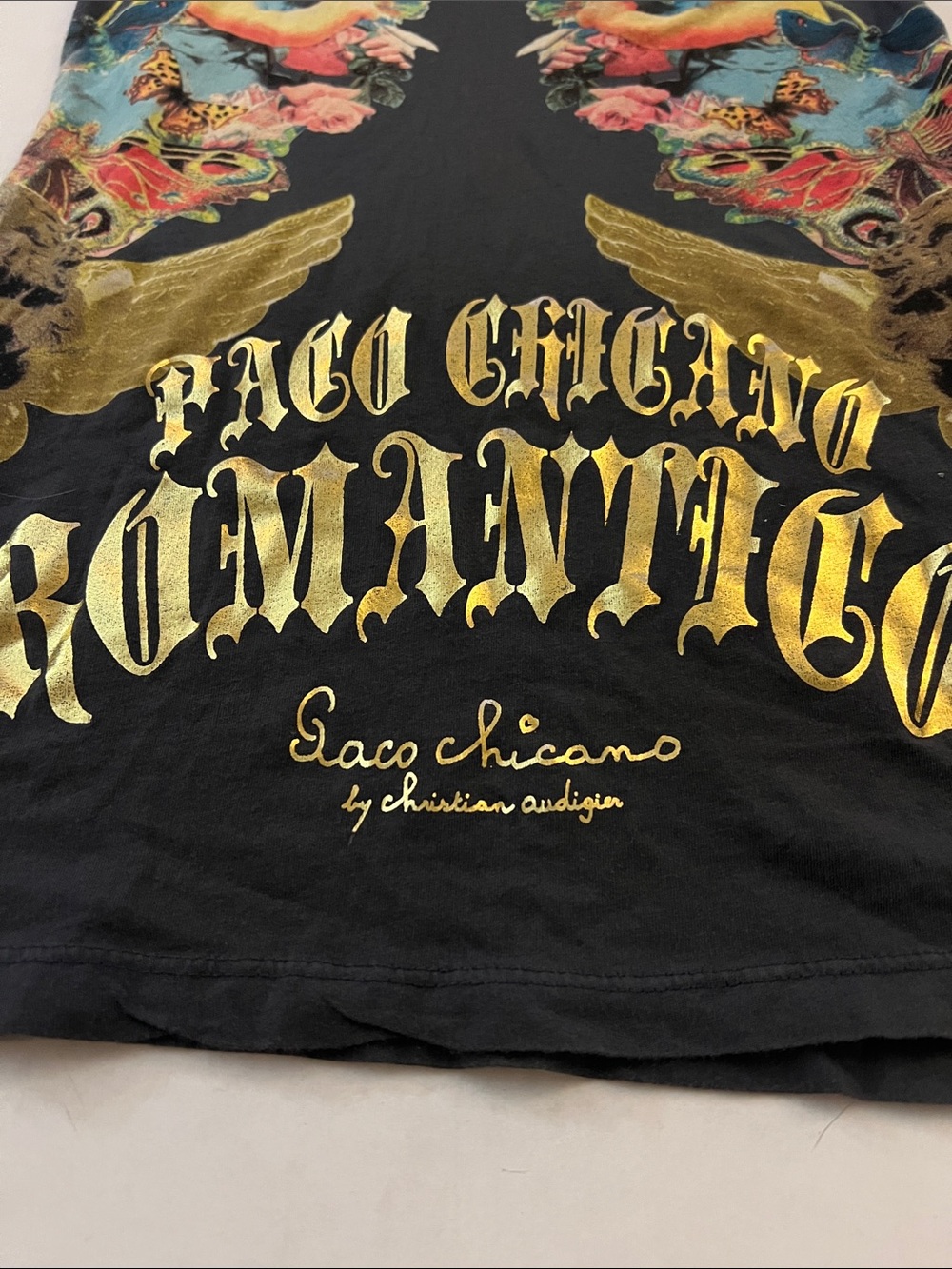 Vintage Y2K Christian Audigier Paco Chicano Black Cherub Cotton top Size XS - Picture 3 of 13